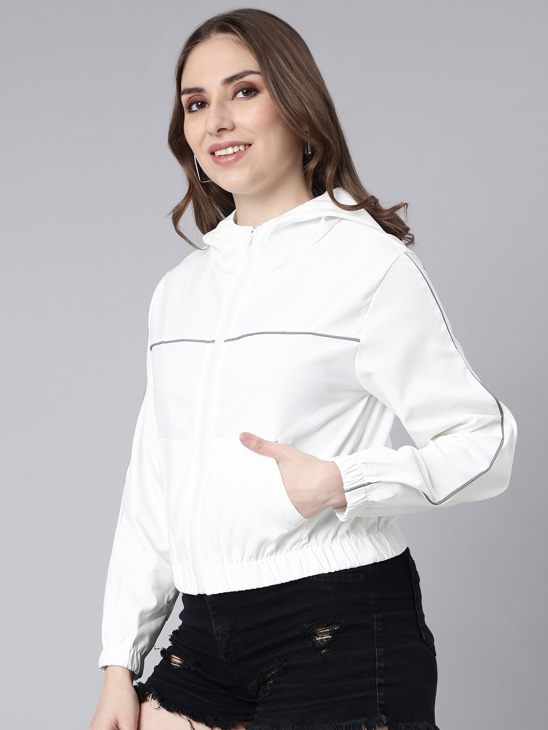 Women's Solid White Crop Bomber Jacket