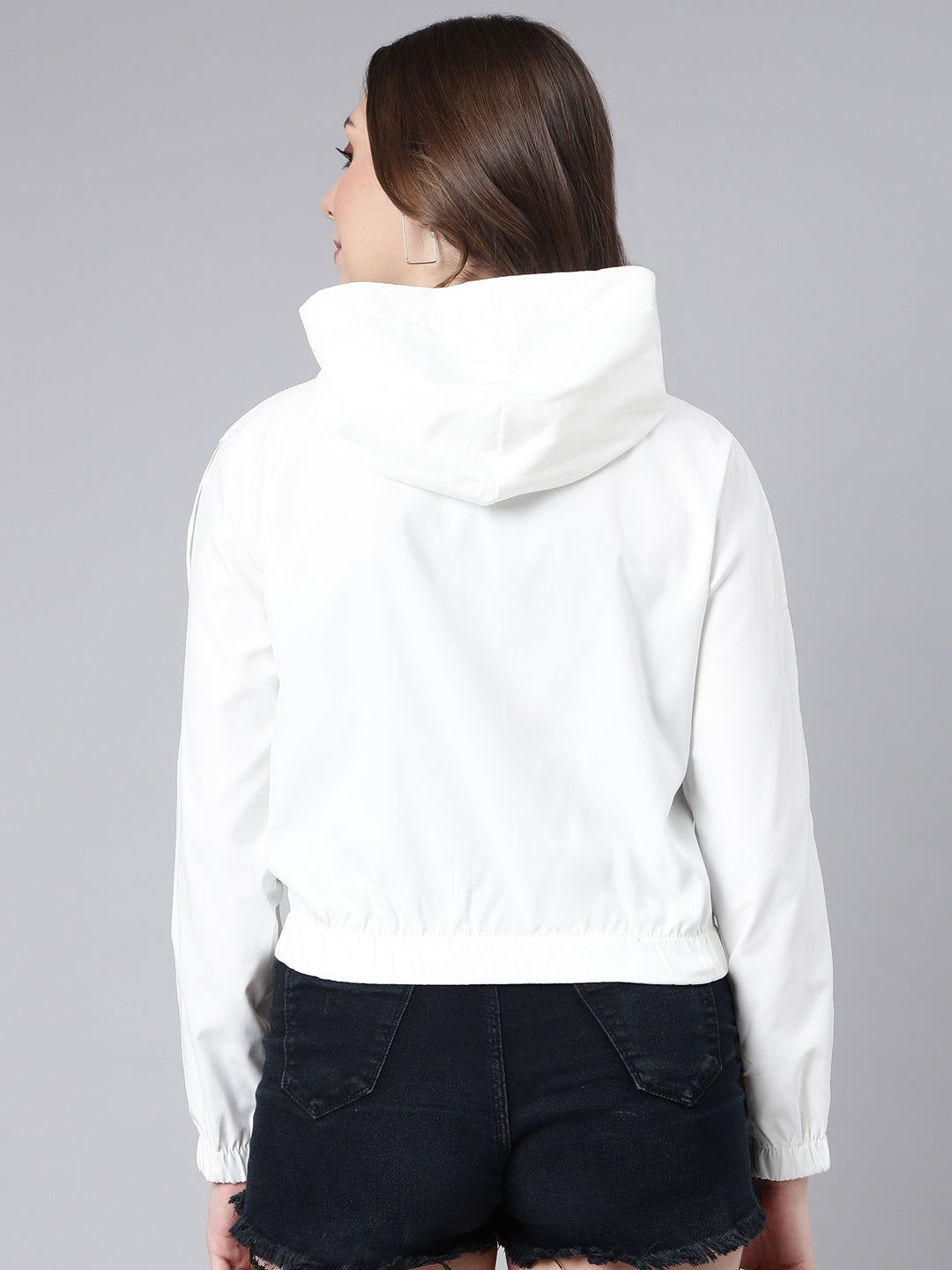 Women's Solid White Crop Bomber Jacket