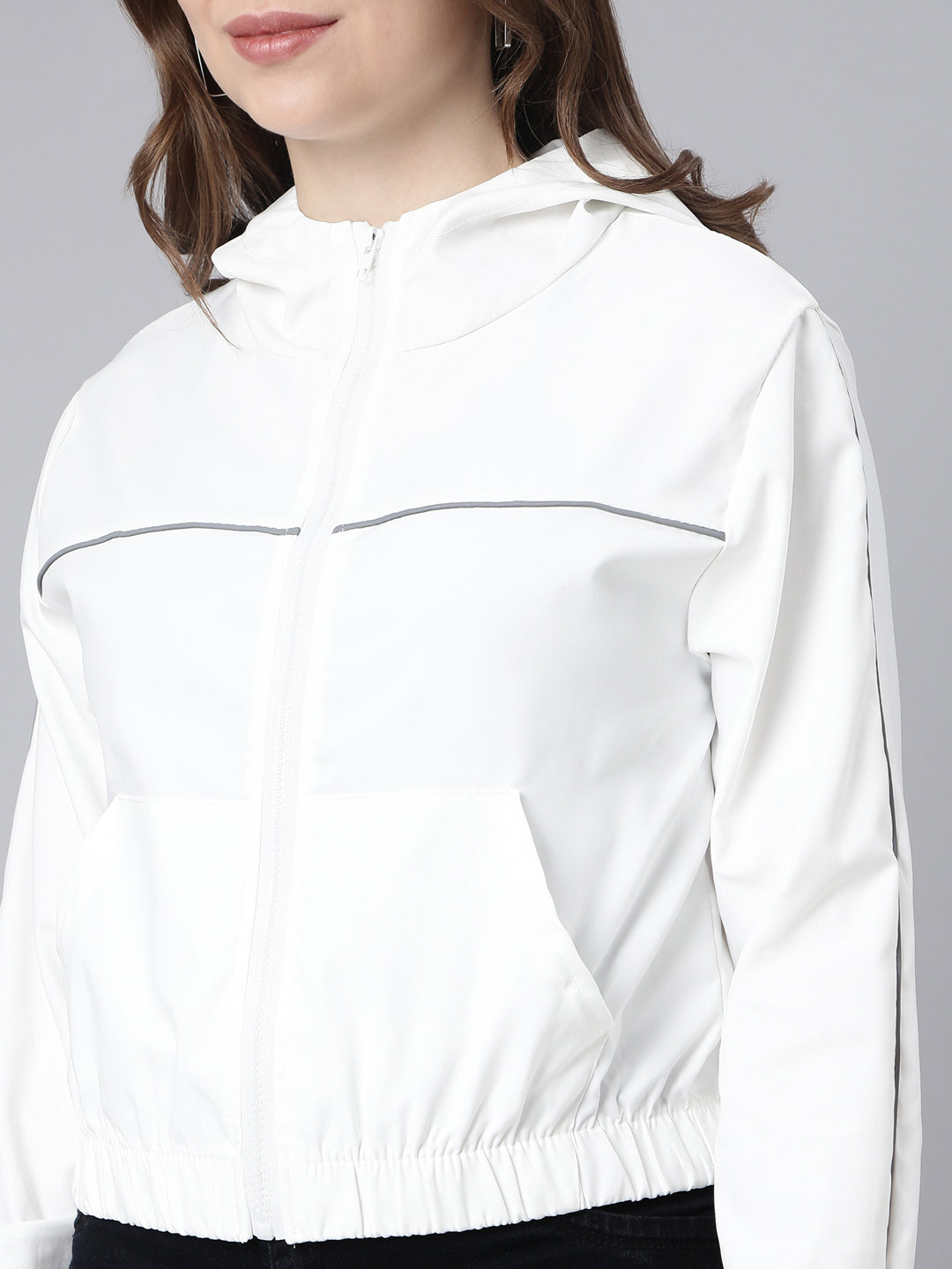 Women's Solid White Crop Bomber Jacket