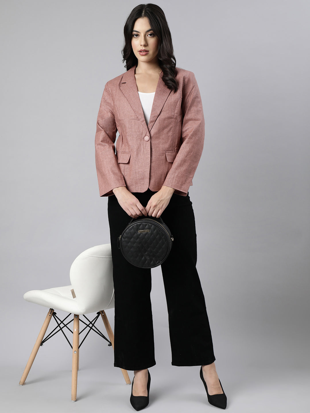 Women's Brown Notched Lapel Collar Single Breasted Slim-Fit Blazer