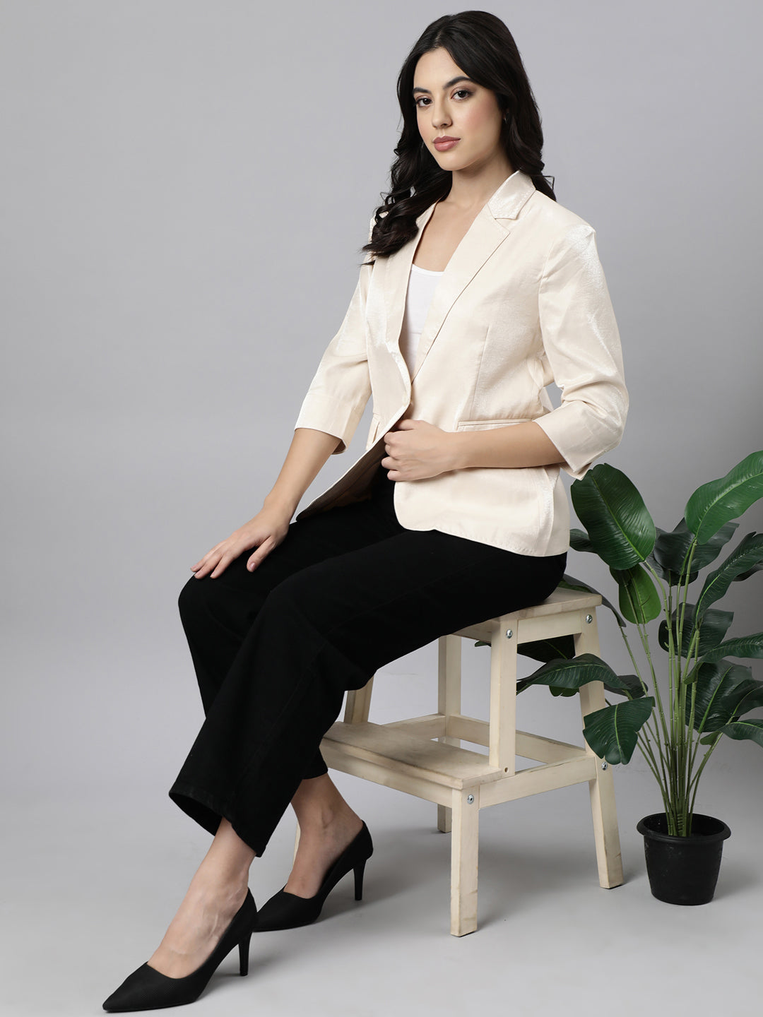 Women Beige Single-Breasted Blazer