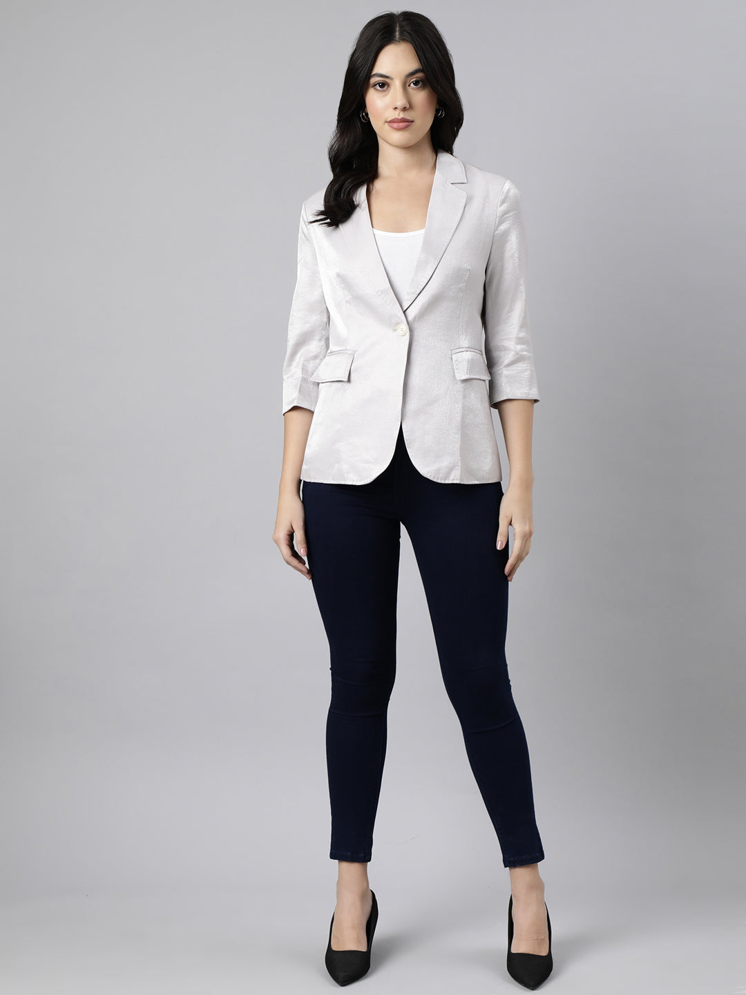 Women Grey Single-Breasted Blazer