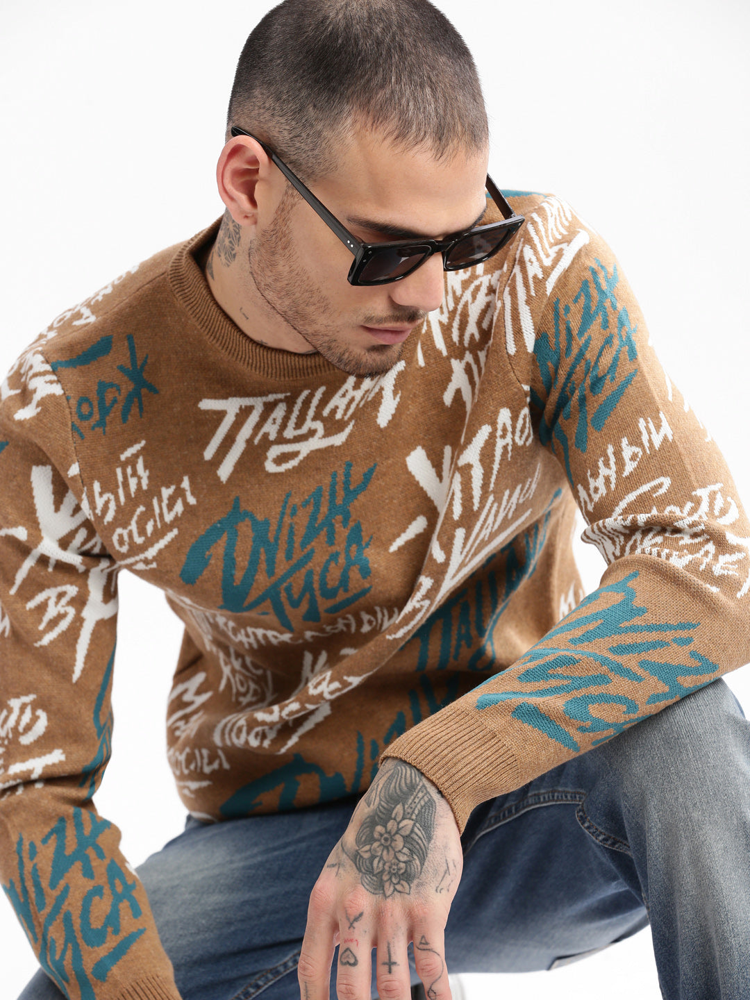 Men Round Neck Typography Brown Pullover