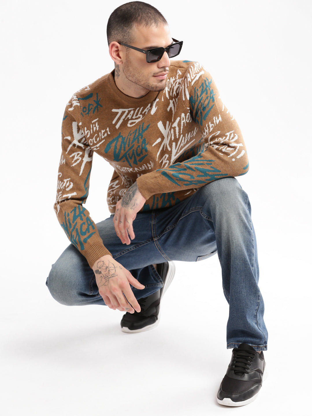 Men Round Neck Typography Brown Pullover