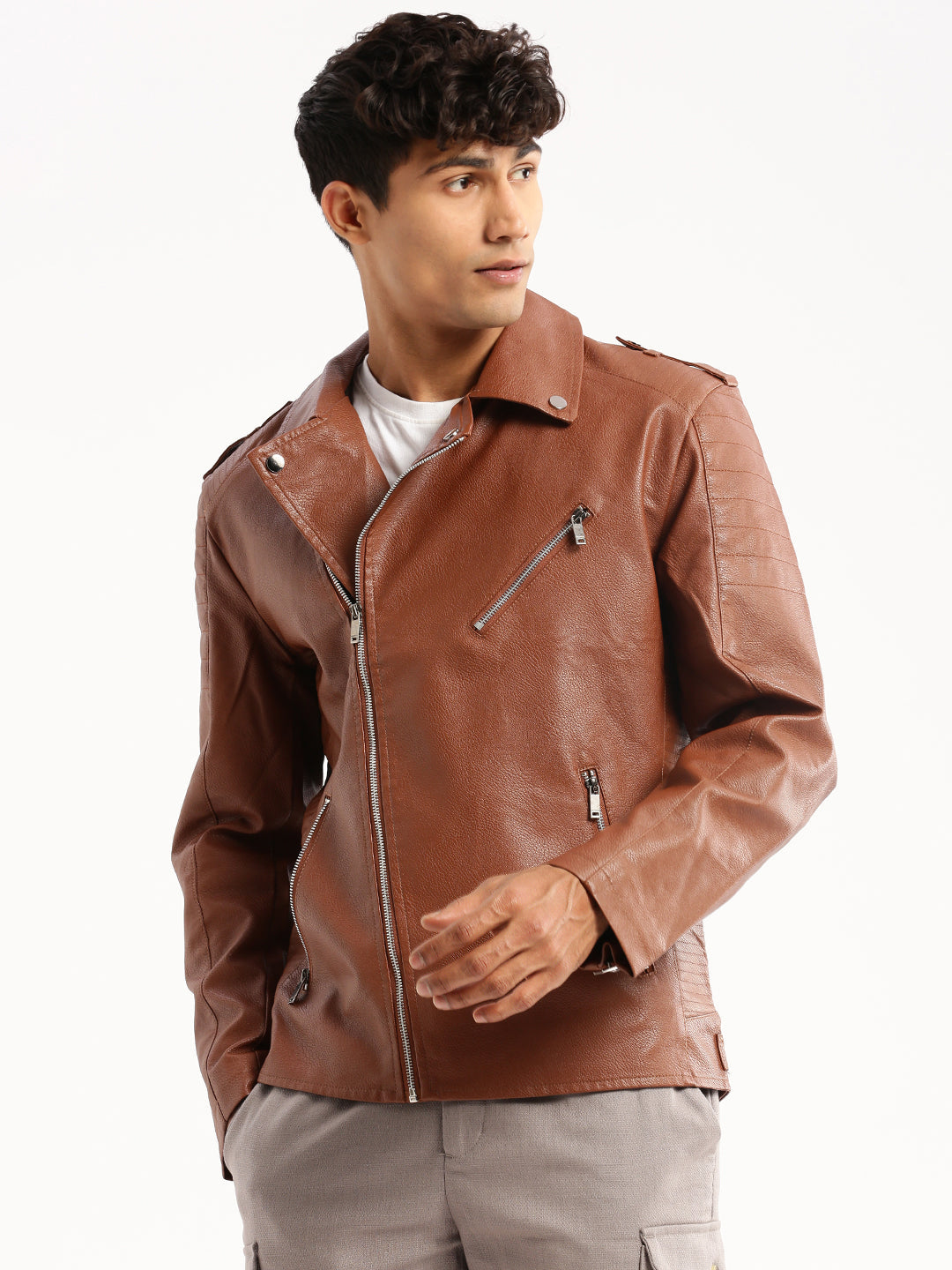 Men Brown Lapel Collar Solid Tailored Jacket