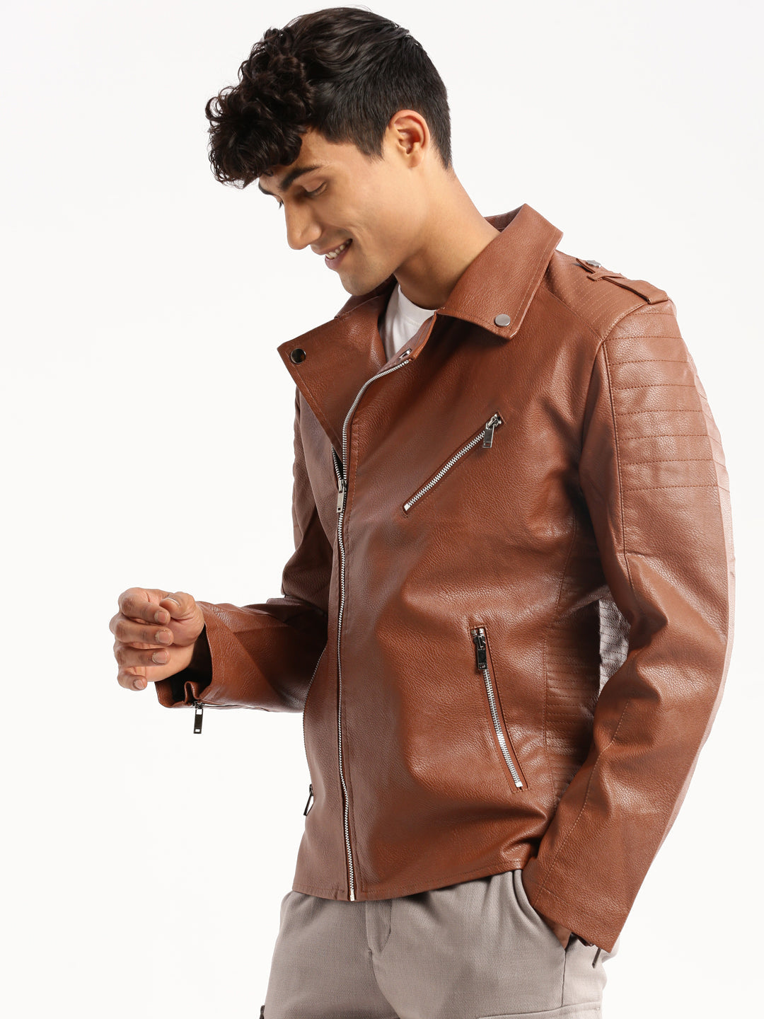 Men's Brown Lapel Collar Leather Tailored Jacket