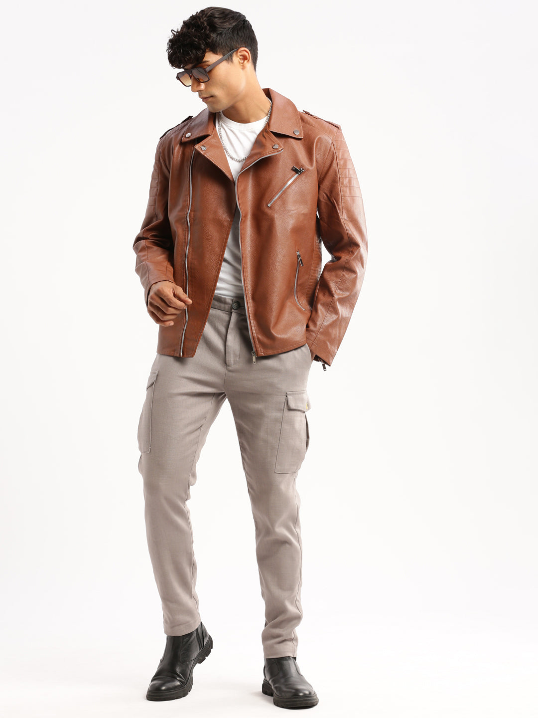 Men's Brown Lapel Collar Leather Tailored Jacket