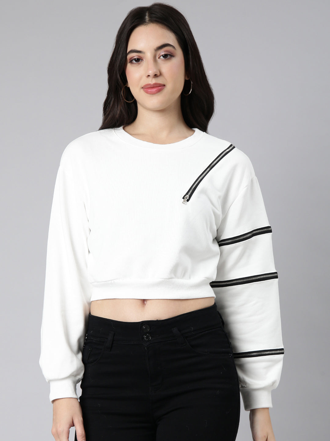 Women Solid White Crop Sweatshirt