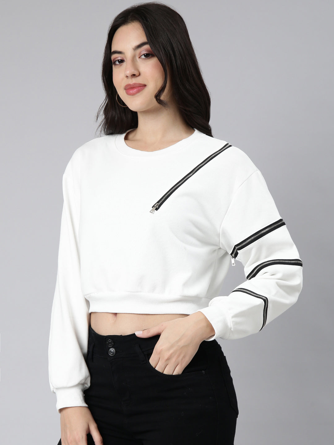 Women Solid White Crop Sweatshirt