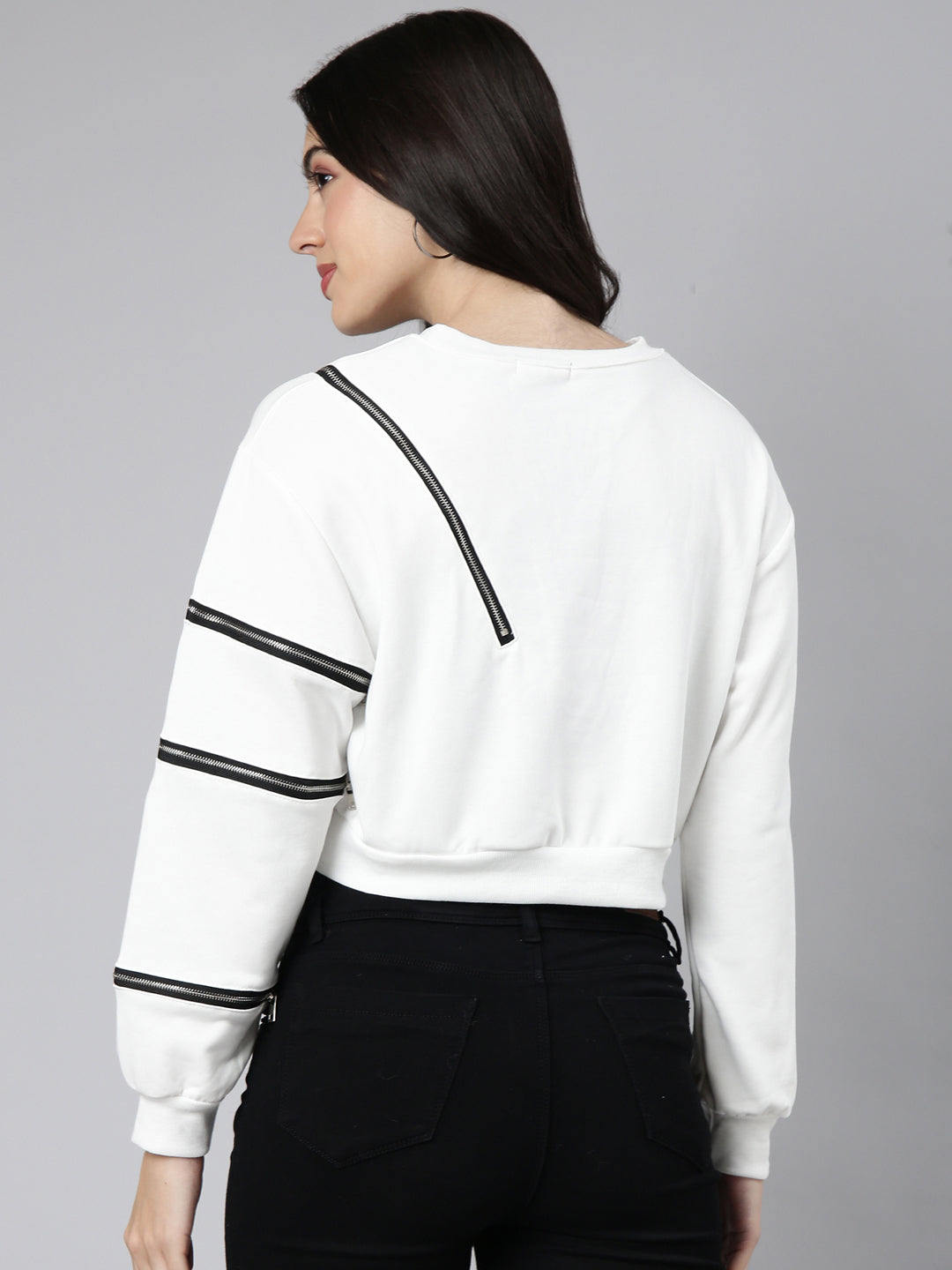 Women Solid White Crop Sweatshirt