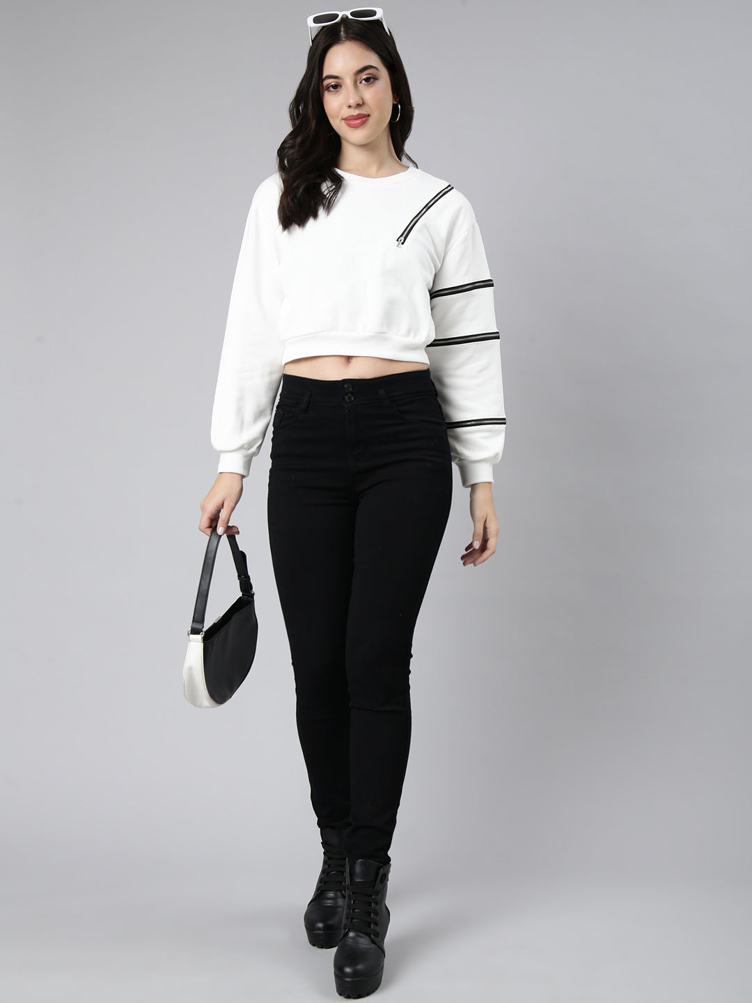 Women Solid White Crop Sweatshirt