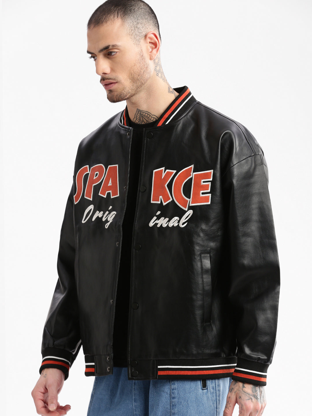 Men's Mandarin Collar Black Solid Leather Oversized Jacket