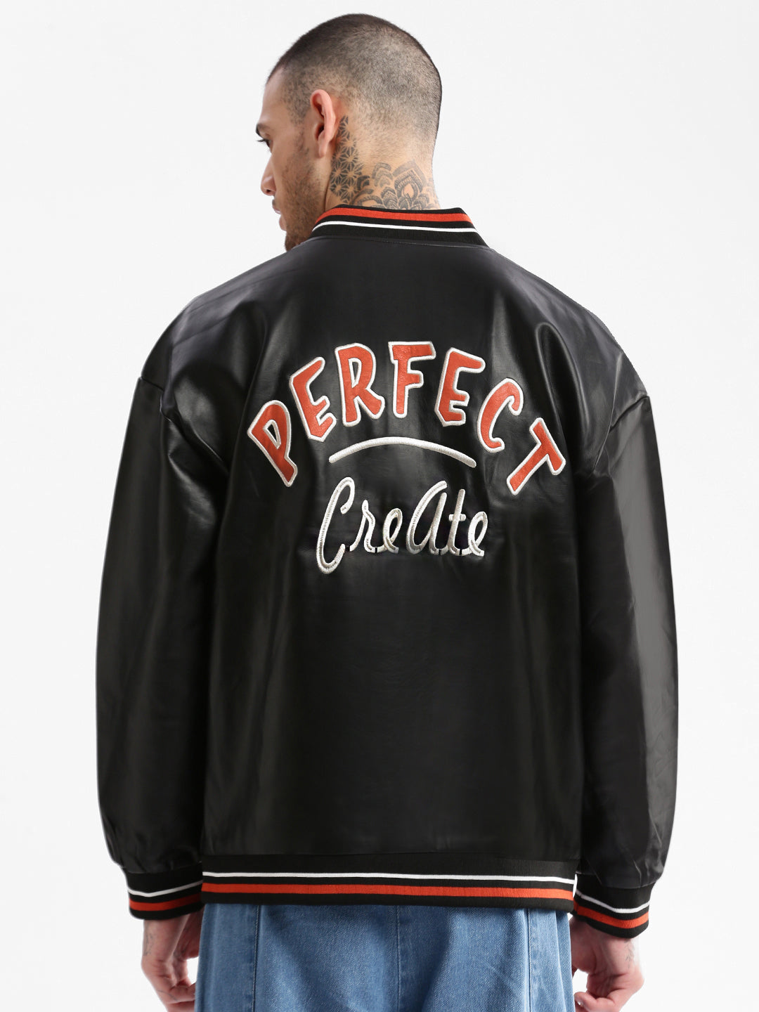 Men's Mandarin Collar Black Solid Leather Oversized Jacket