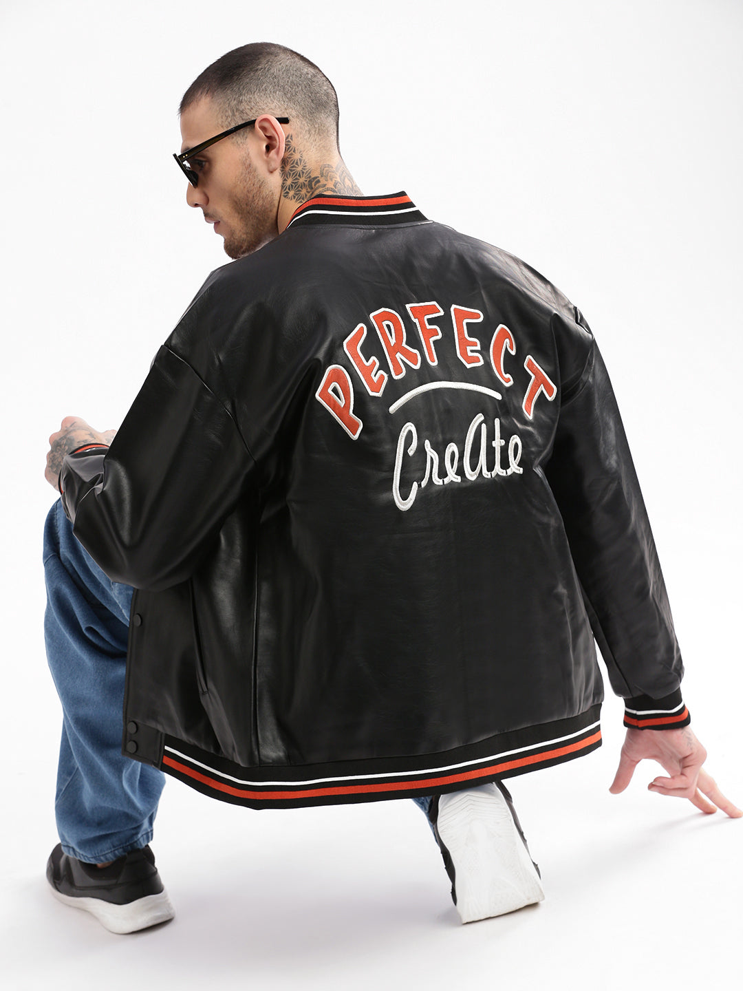 Men's Mandarin Collar Black Solid Leather Oversized Jacket