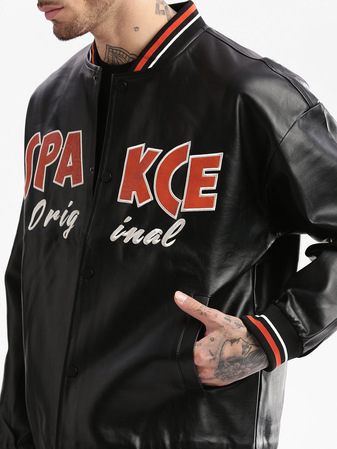 Men's Mandarin Collar Black Solid Leather Oversized Jacket