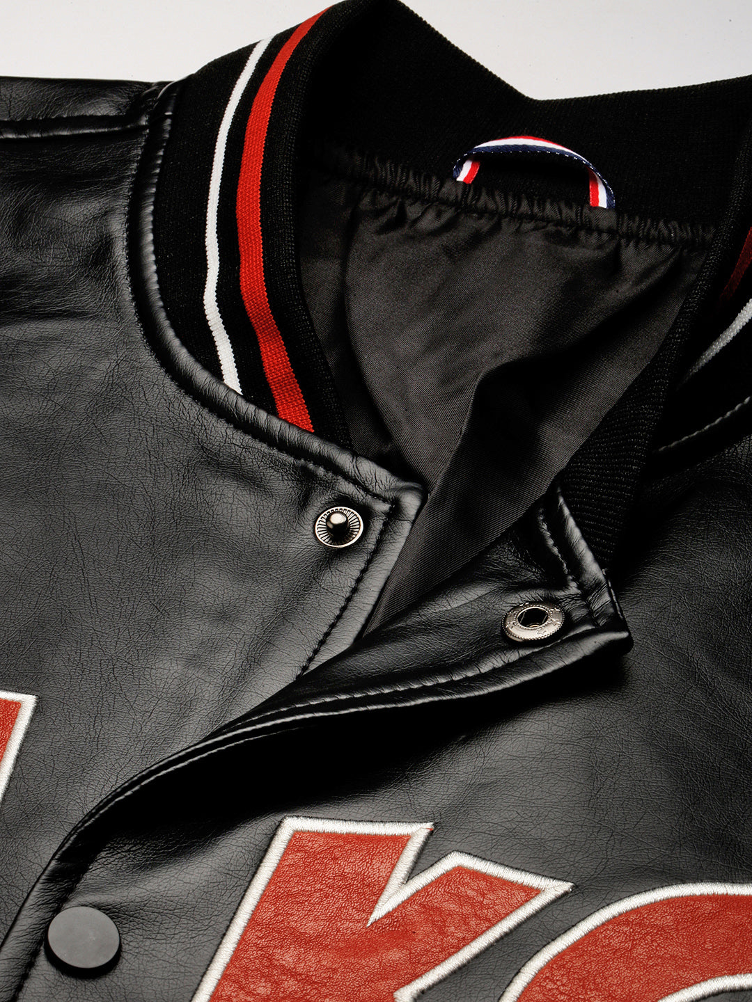 Men's Mandarin Collar Black Solid Leather Oversized Jacket