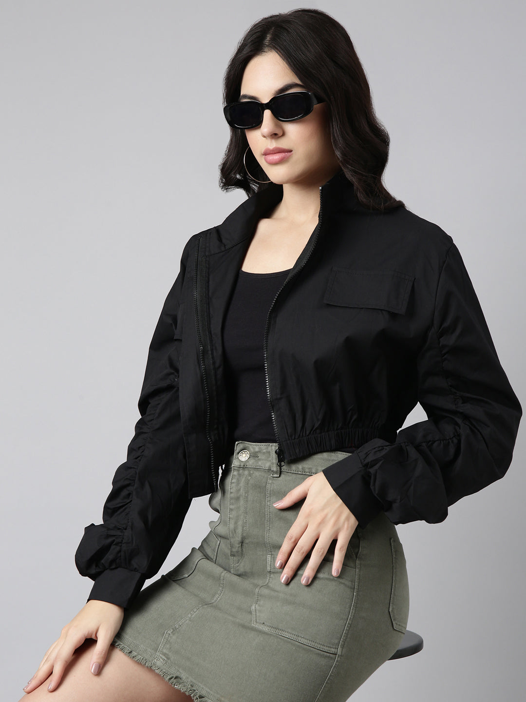 Women's Solid Black Crop Oversized Drop Shoulder Tailored Jacket
