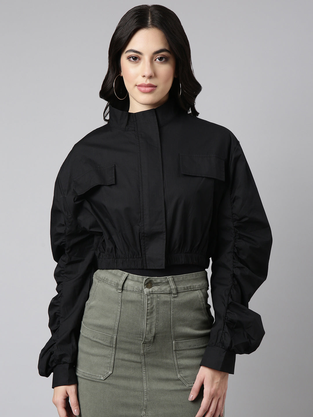 Women's Solid Black Crop Oversized Drop Shoulder Tailored Jacket