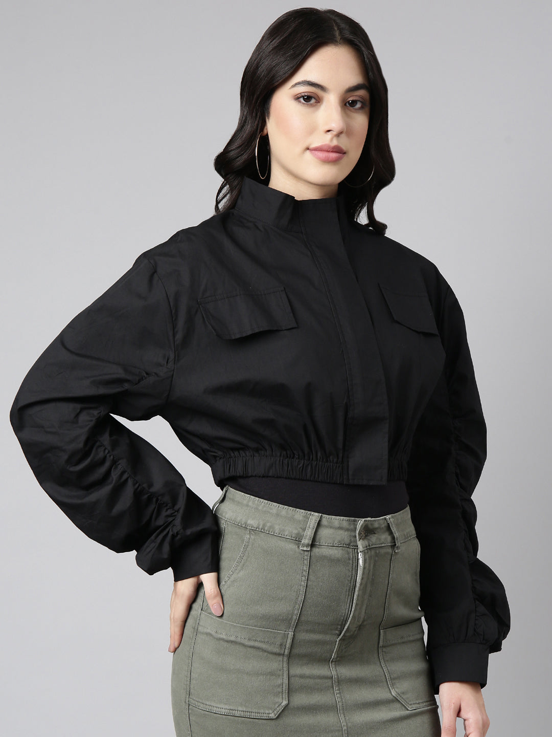 Women's Solid Black Crop Oversized Drop Shoulder Tailored Jacket