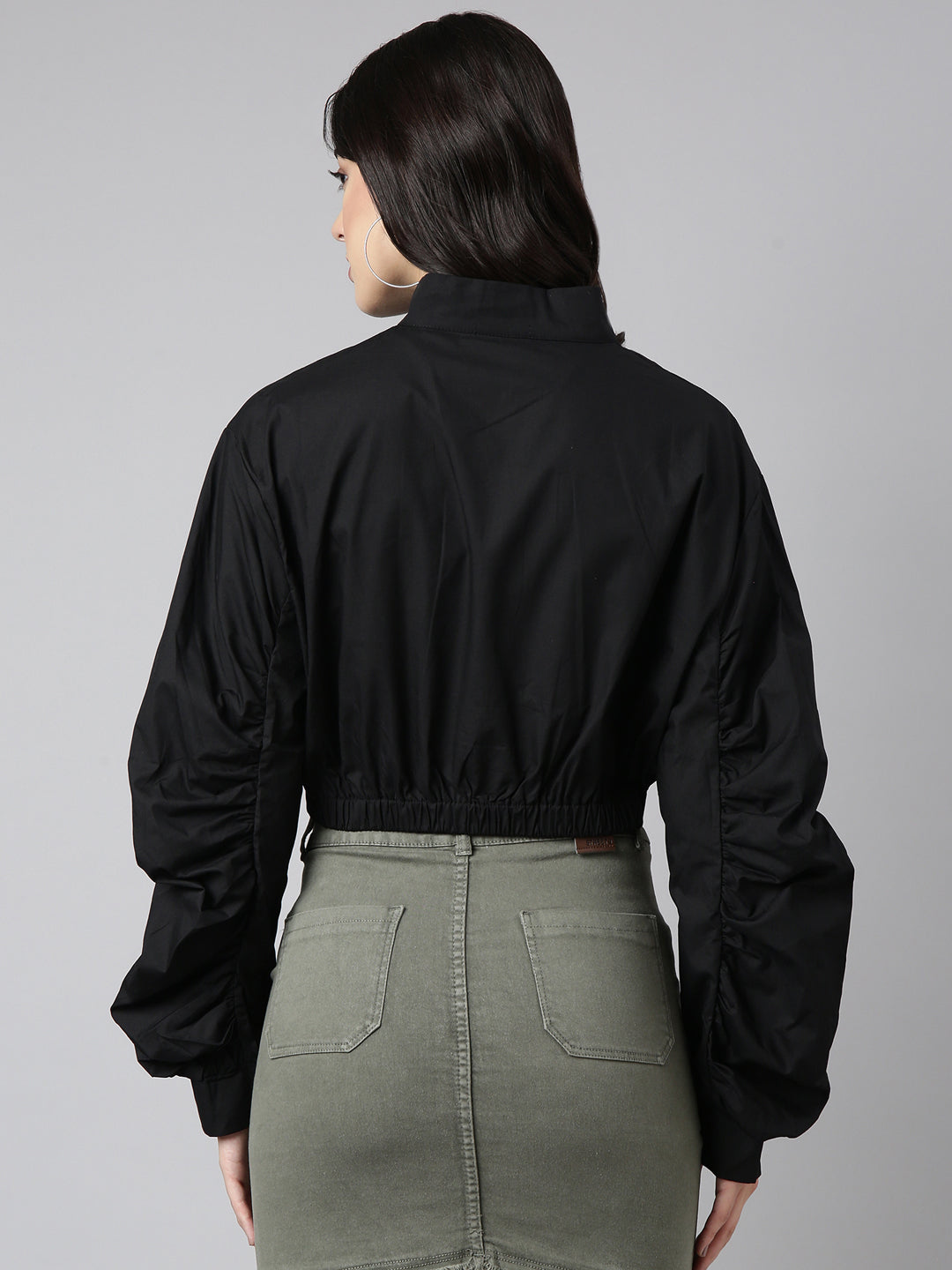 Women's Solid Black Crop Oversized Drop Shoulder Tailored Jacket