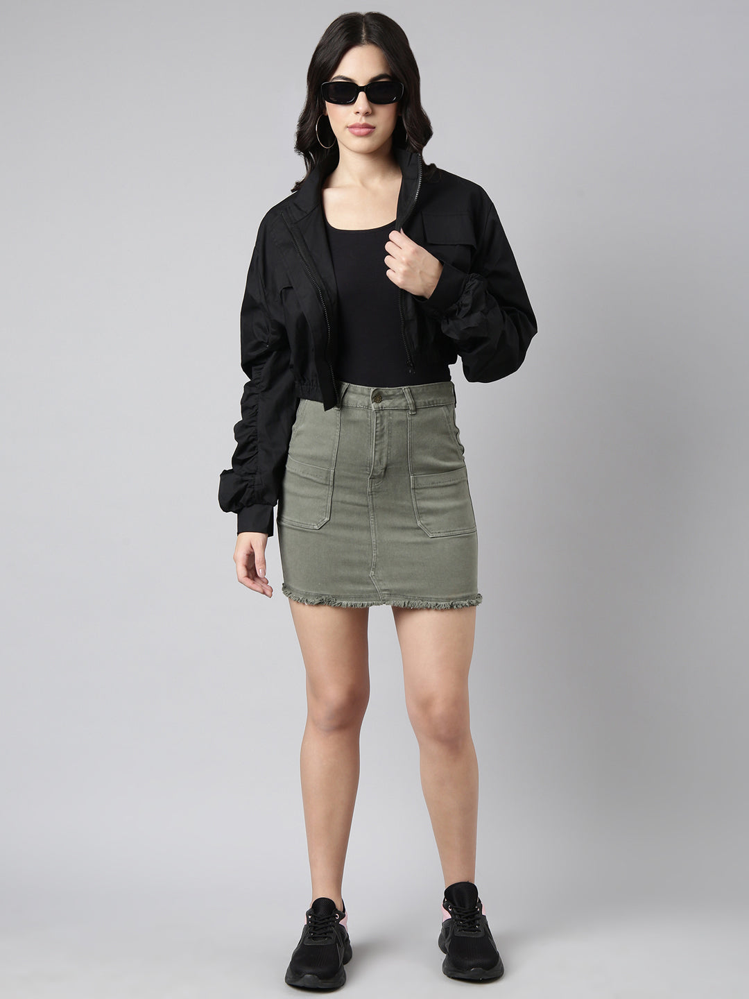 Women's Solid Black Crop Oversized Drop Shoulder Tailored Jacket