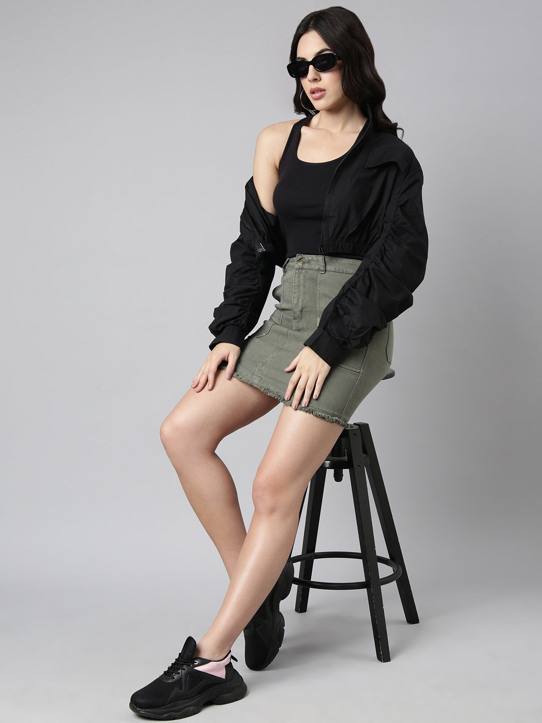 Women's Solid Black Crop Oversized Drop Shoulder Tailored Jacket