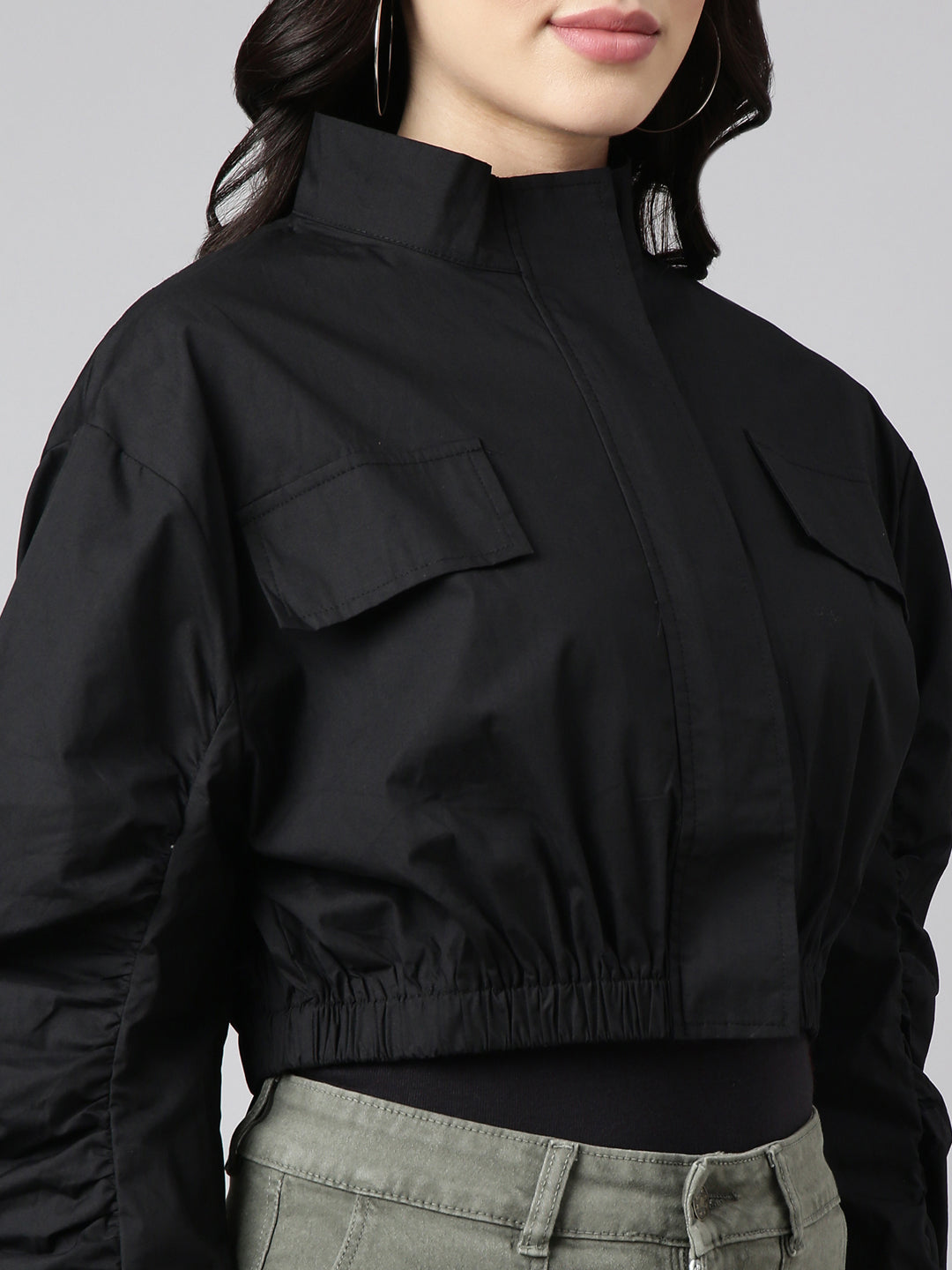 Women's Solid Black Crop Oversized Drop Shoulder Tailored Jacket
