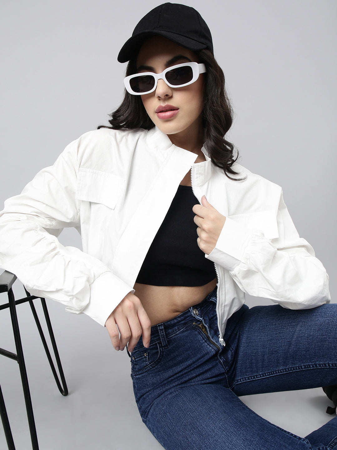 Women Solid White Crop Oversized Drop Shoulder Tailored Jacket