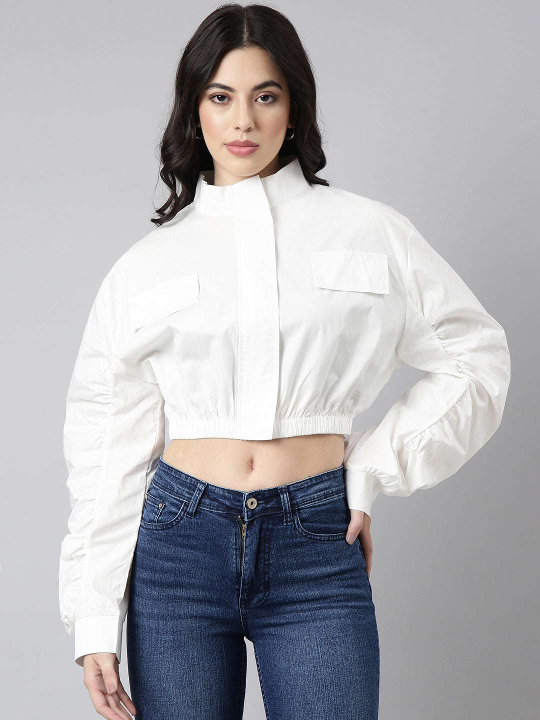 Women Solid White Crop Oversized Drop Shoulder Tailored Jacket