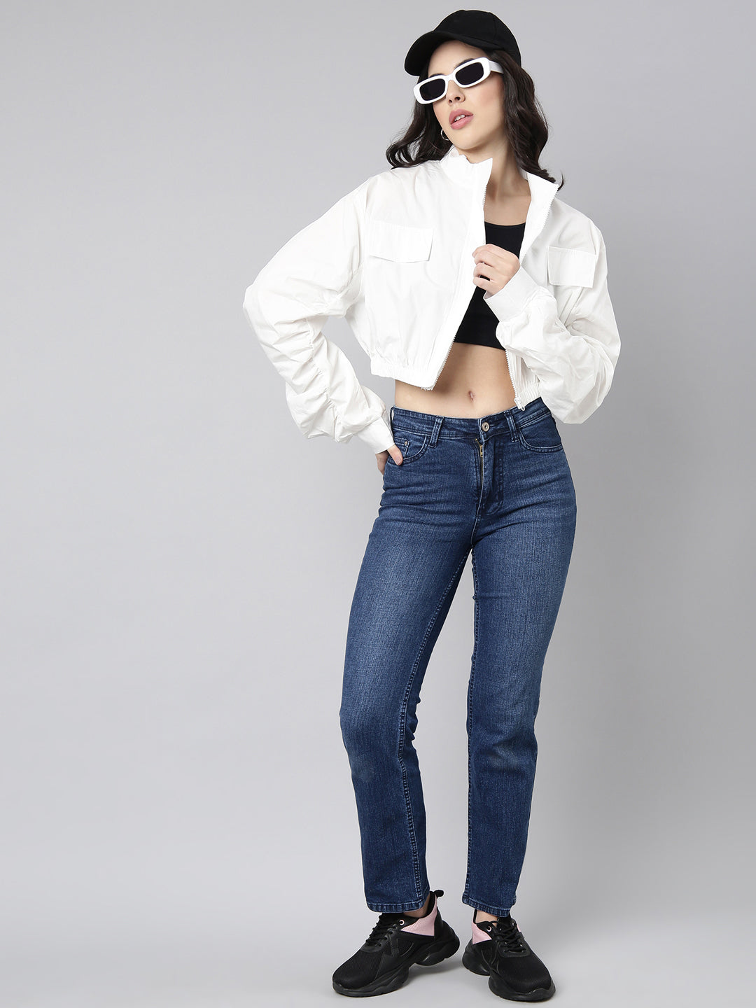 Women Solid White Crop Oversized Drop Shoulder Tailored Jacket