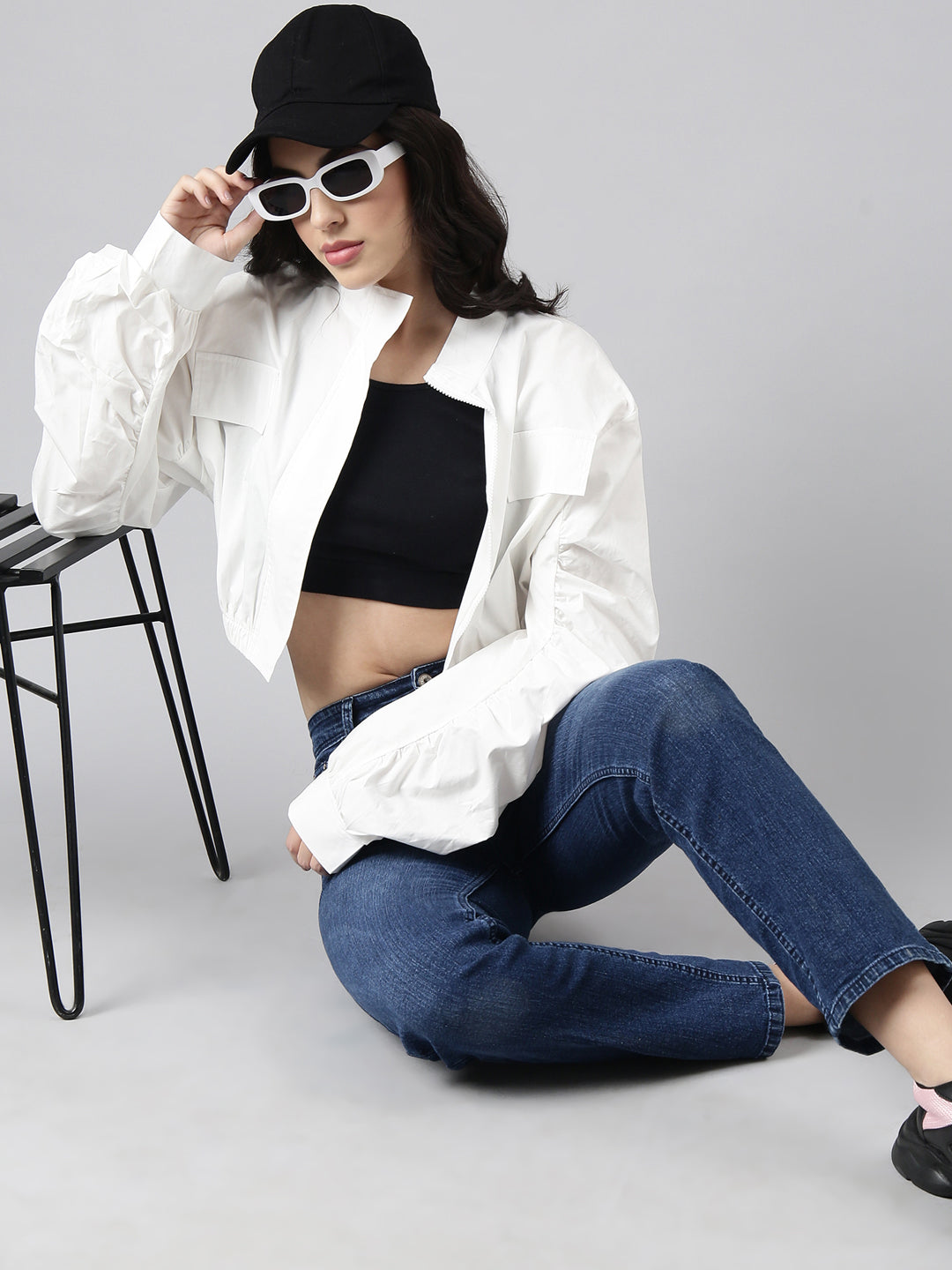 Women Solid White Crop Oversized Drop Shoulder Tailored Jacket