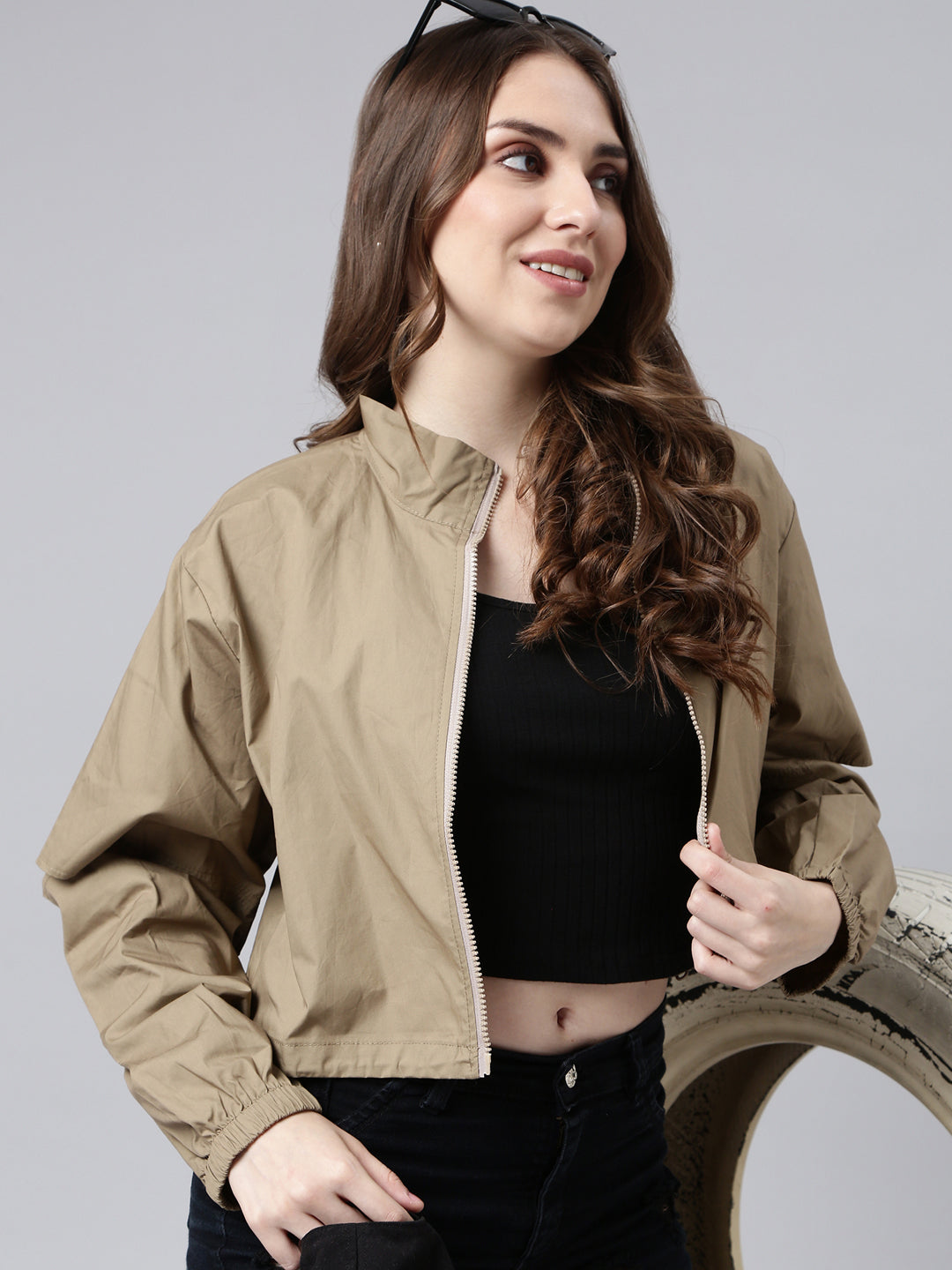 Women Solid Khaki Crop Oversized Drop Shoulder Bomber Jacket