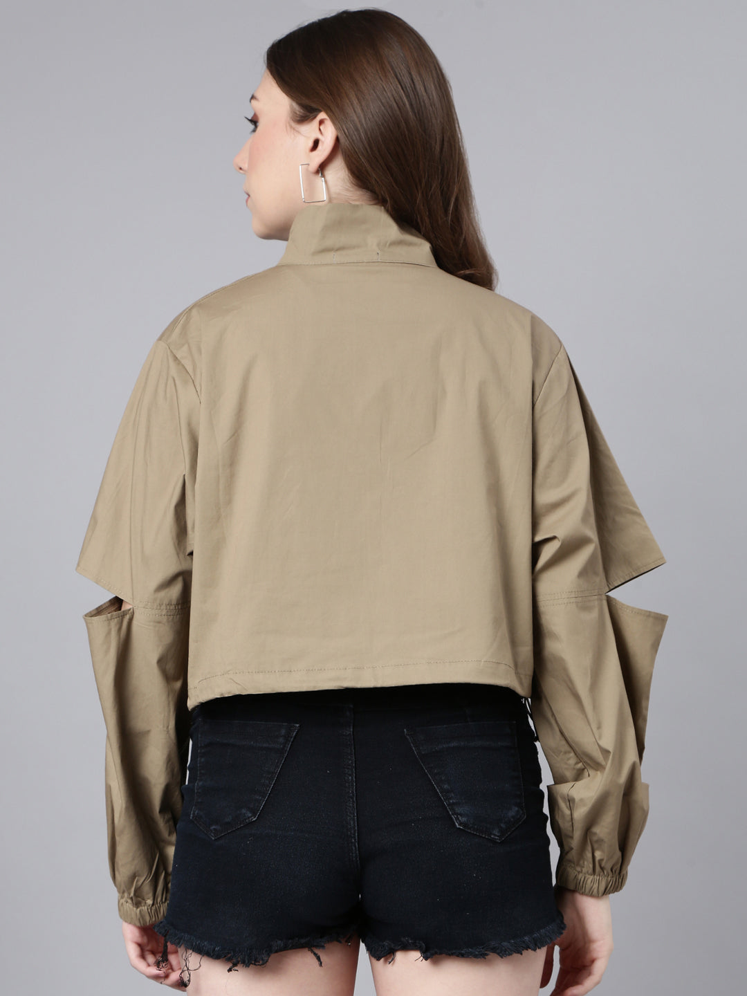 Women Solid Khaki Crop Oversized Drop Shoulder Bomber Jacket