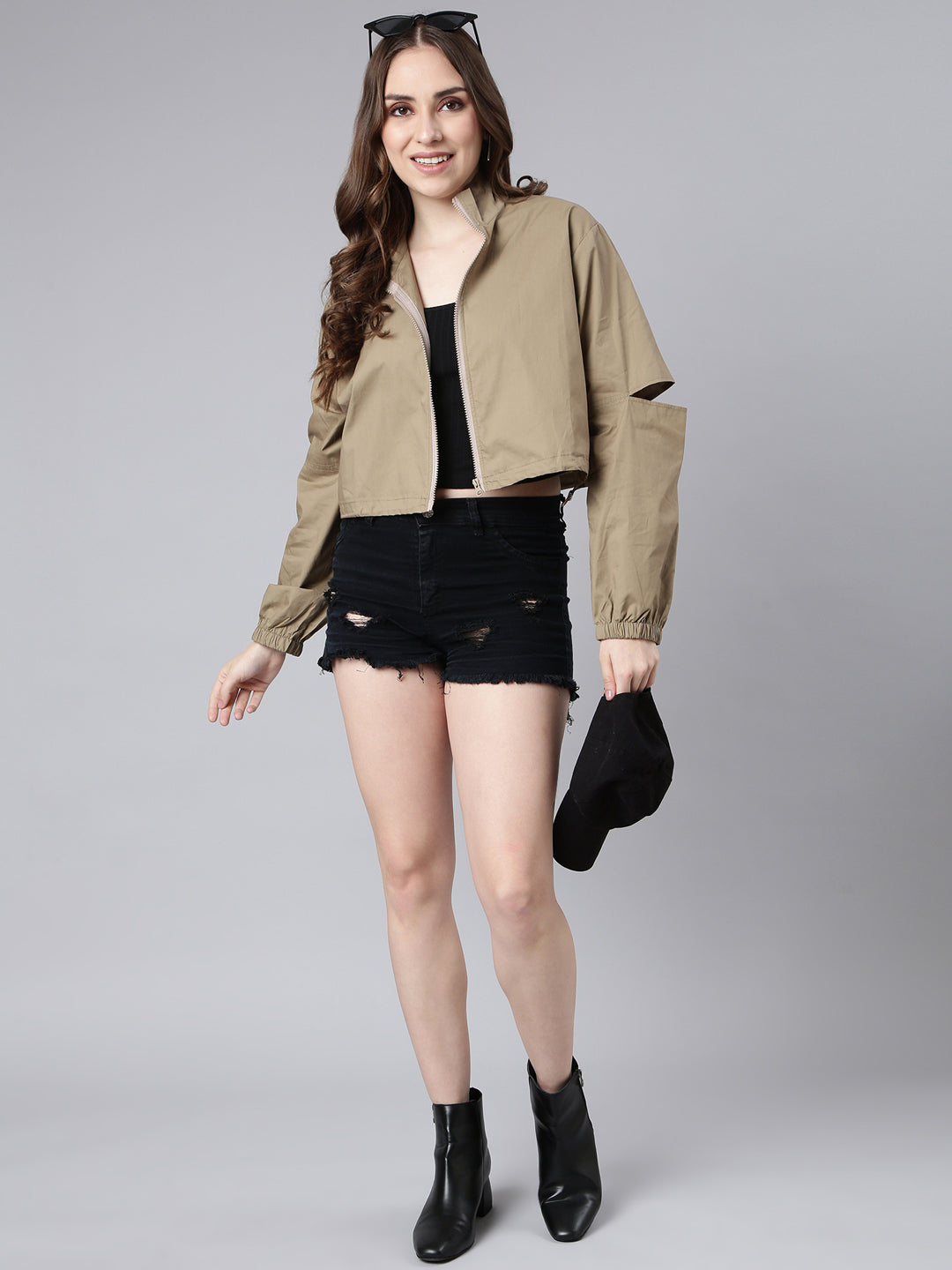 Women Solid Khaki Crop Oversized Drop Shoulder Bomber Jacket