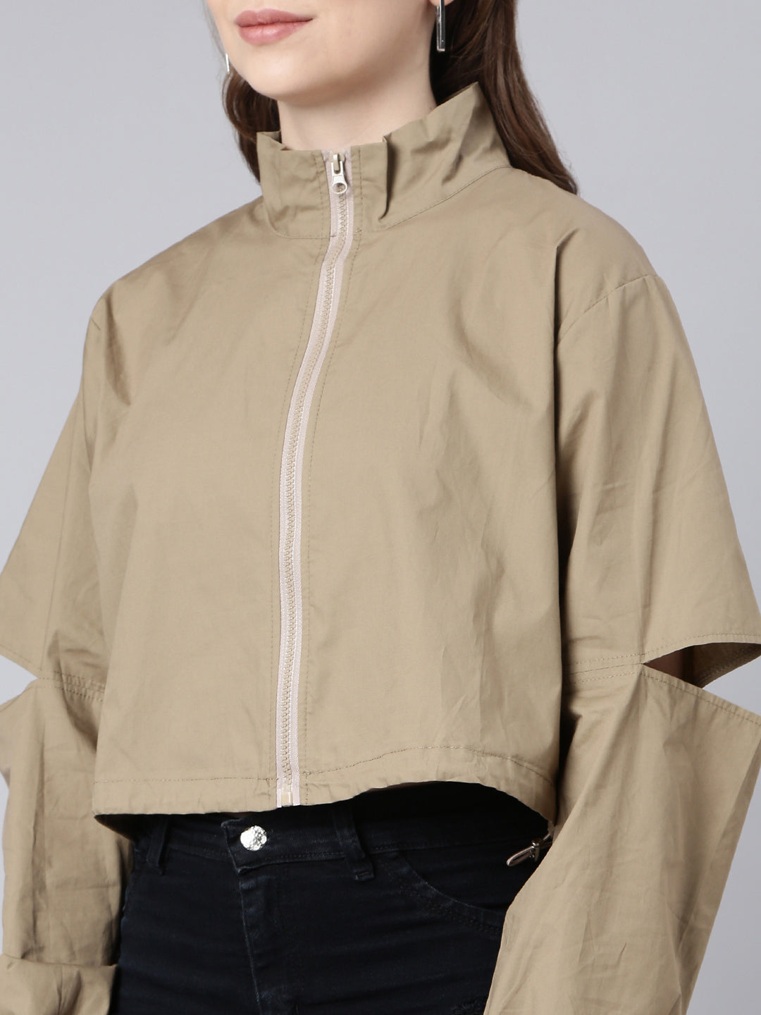 Women Solid Khaki Crop Oversized Drop Shoulder Bomber Jacket