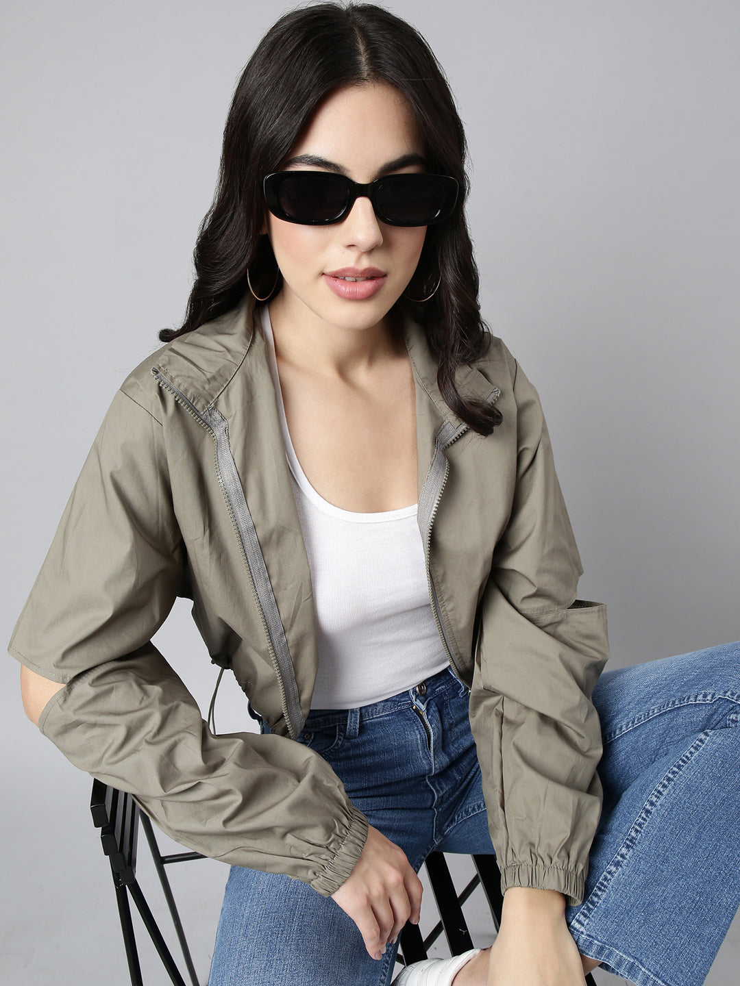 Women Solid Olive Crop Oversized Drop Shoulder Bomber Jacket