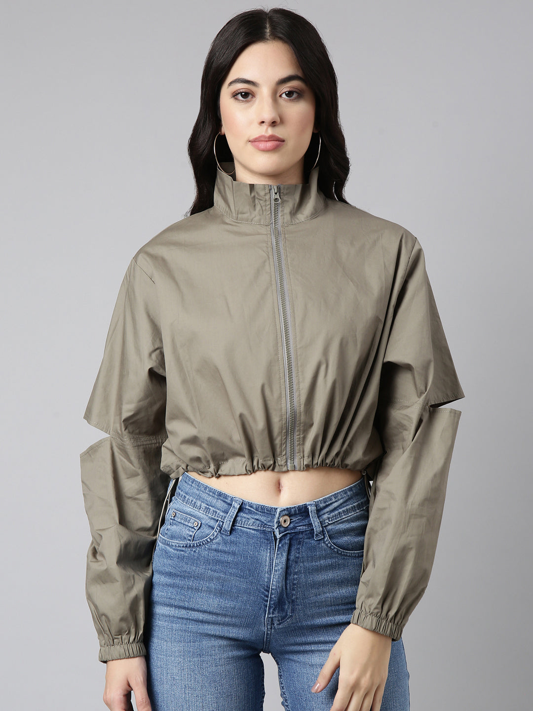 Women Solid Olive Crop Oversized Drop Shoulder Bomber Jacket