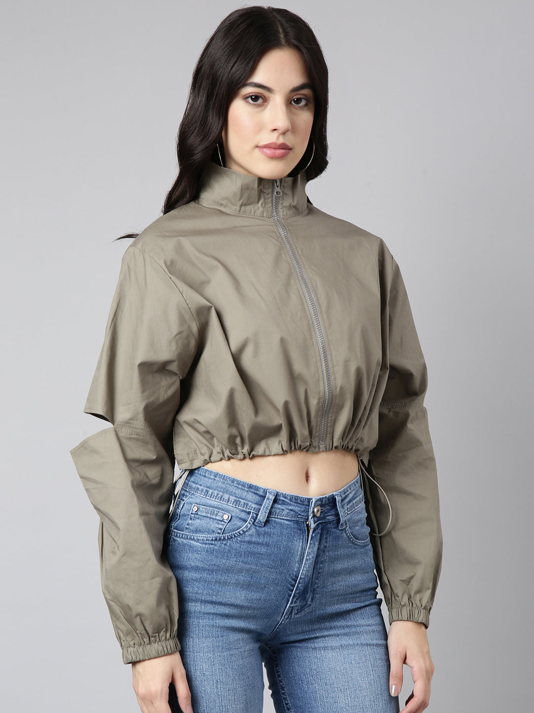 Women Solid Olive Crop Oversized Drop Shoulder Bomber Jacket