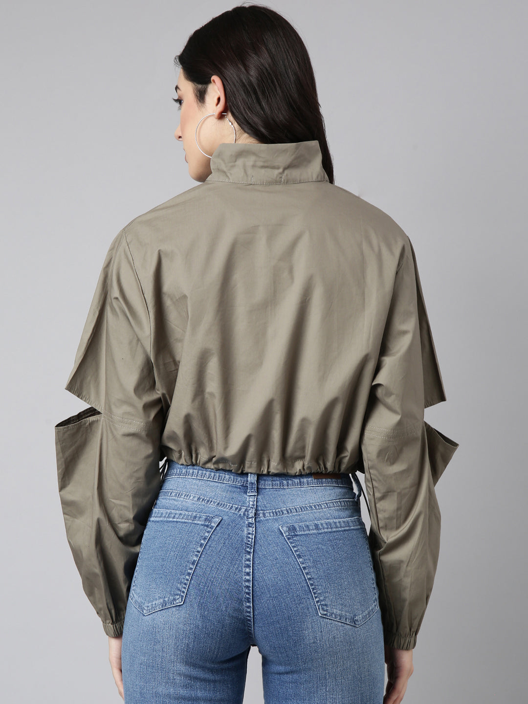 Women Solid Olive Crop Oversized Drop Shoulder Bomber Jacket