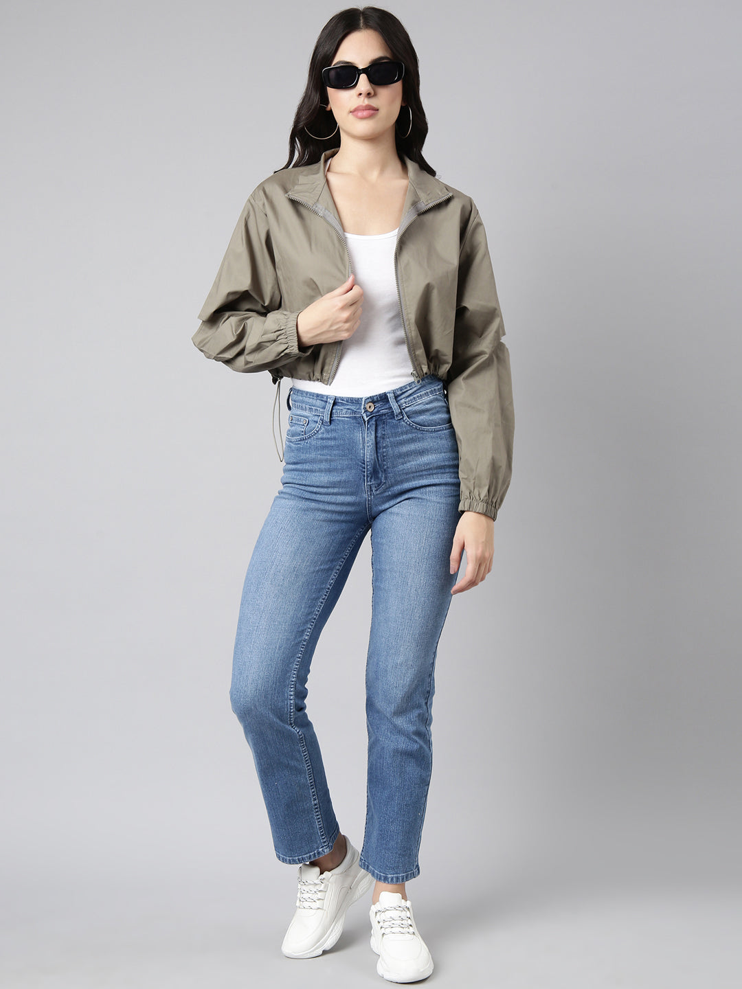 Women Solid Olive Crop Oversized Drop Shoulder Bomber Jacket