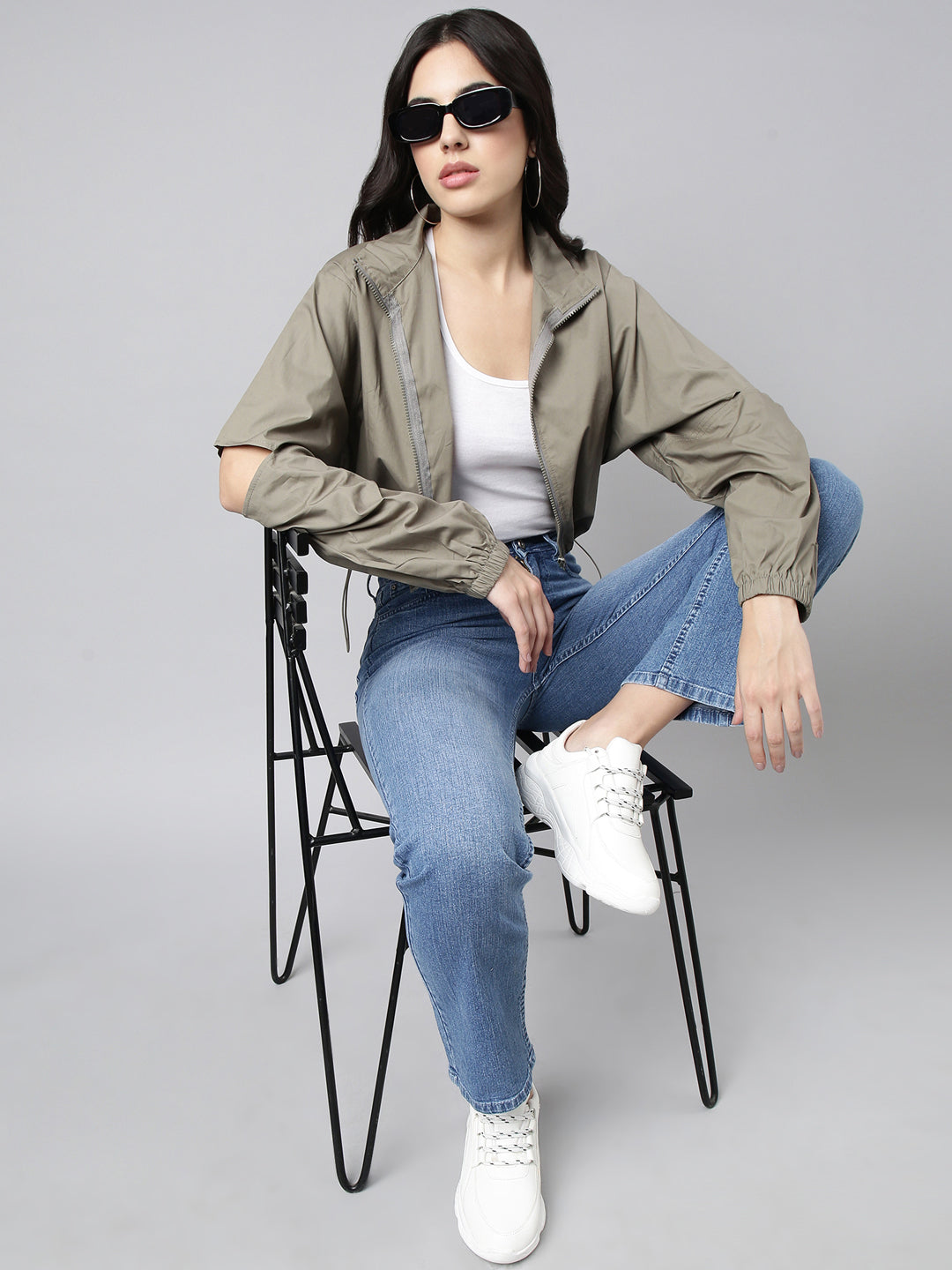 Women Solid Olive Crop Oversized Drop Shoulder Bomber Jacket