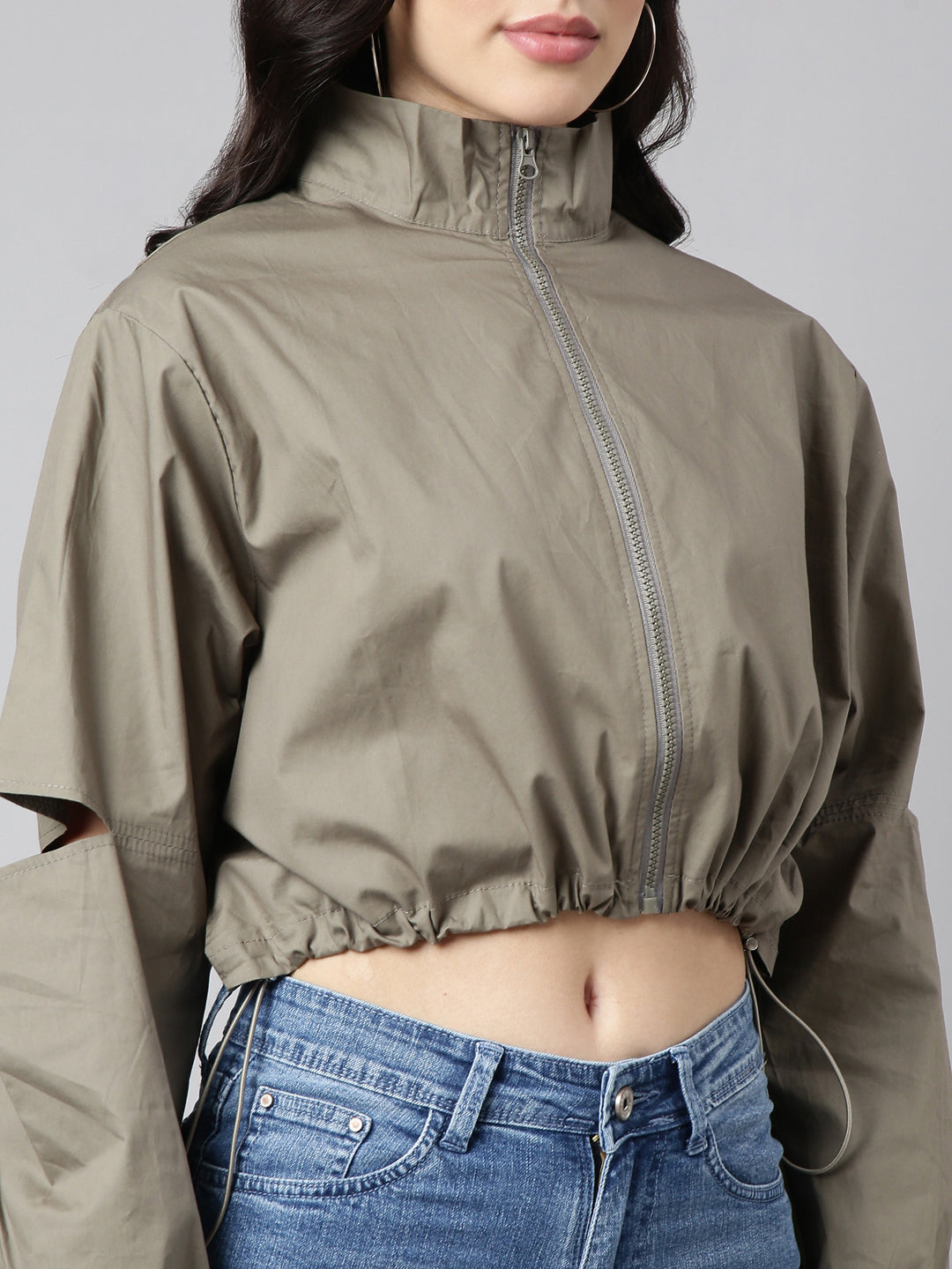 Women Solid Olive Crop Oversized Drop Shoulder Bomber Jacket