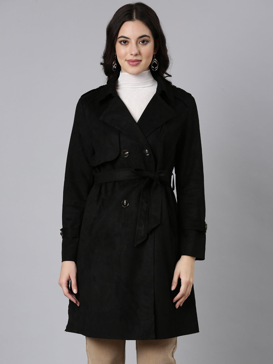 Women Solid Longline Black Trench Coat comes with Belt