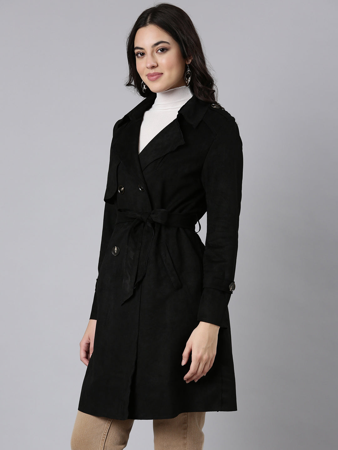 Women Solid Longline Black Trench Coat comes with Belt