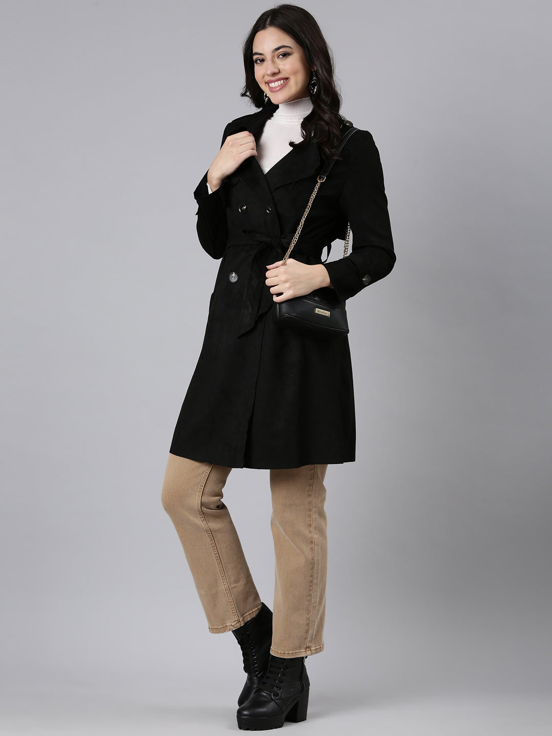 Women Solid Longline Black Trench Coat comes with Belt