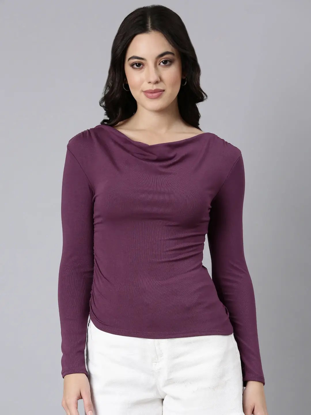 Women's Solid Purple Ruched Top