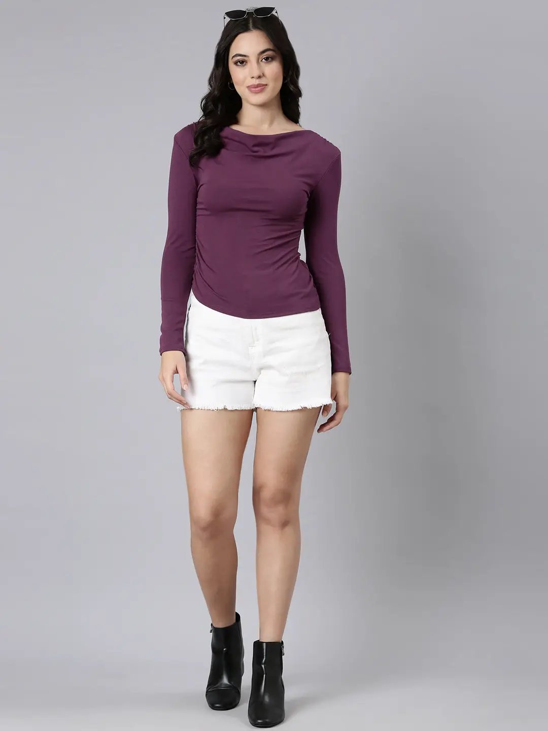 Women's Solid Purple Ruched Top