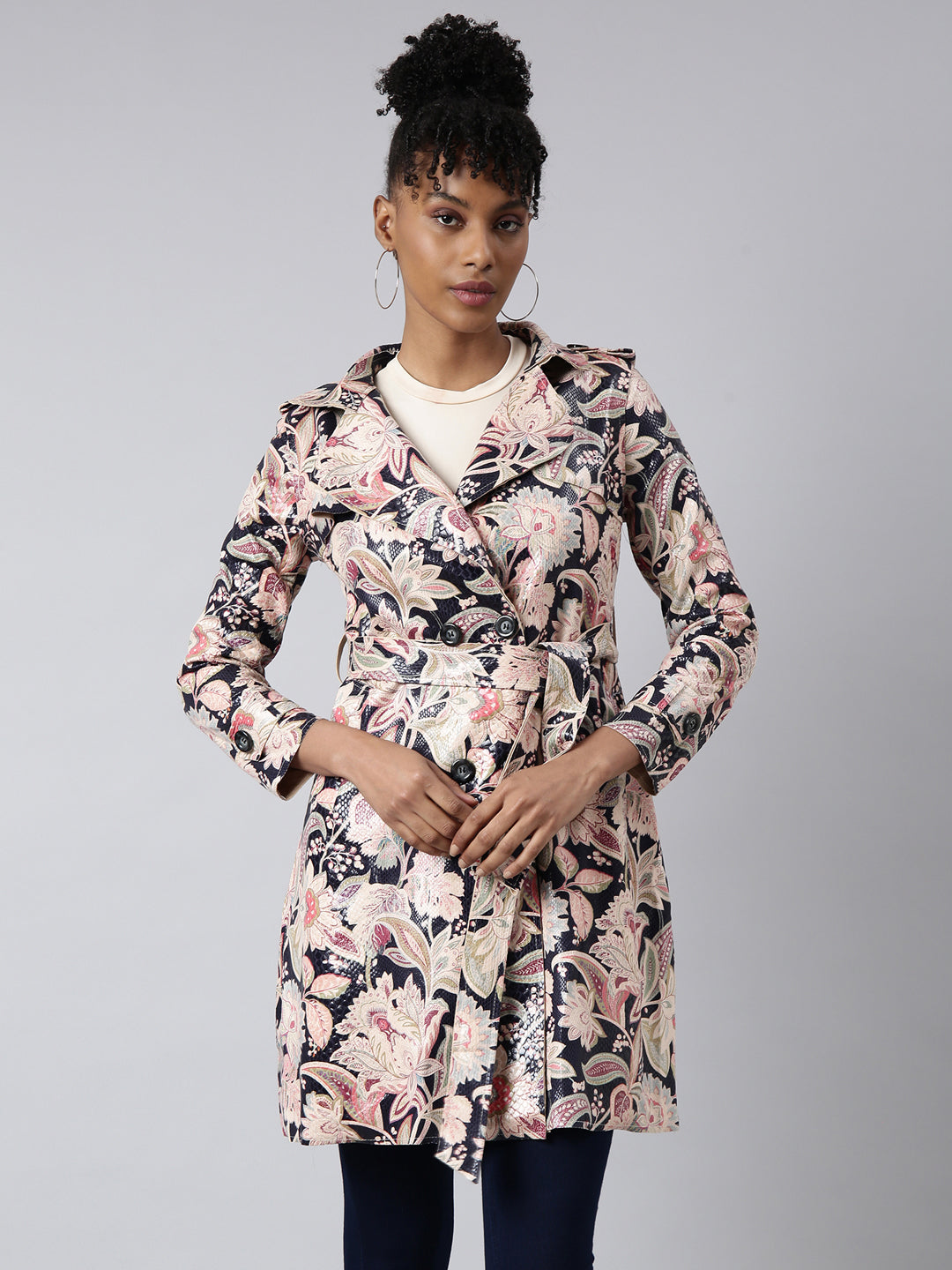 Women Floral Longline Beige Trench Coat