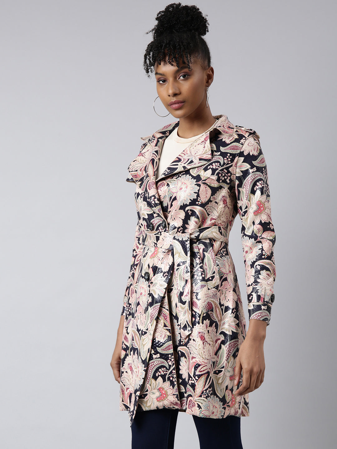 Women Floral Longline Beige Trench Coat