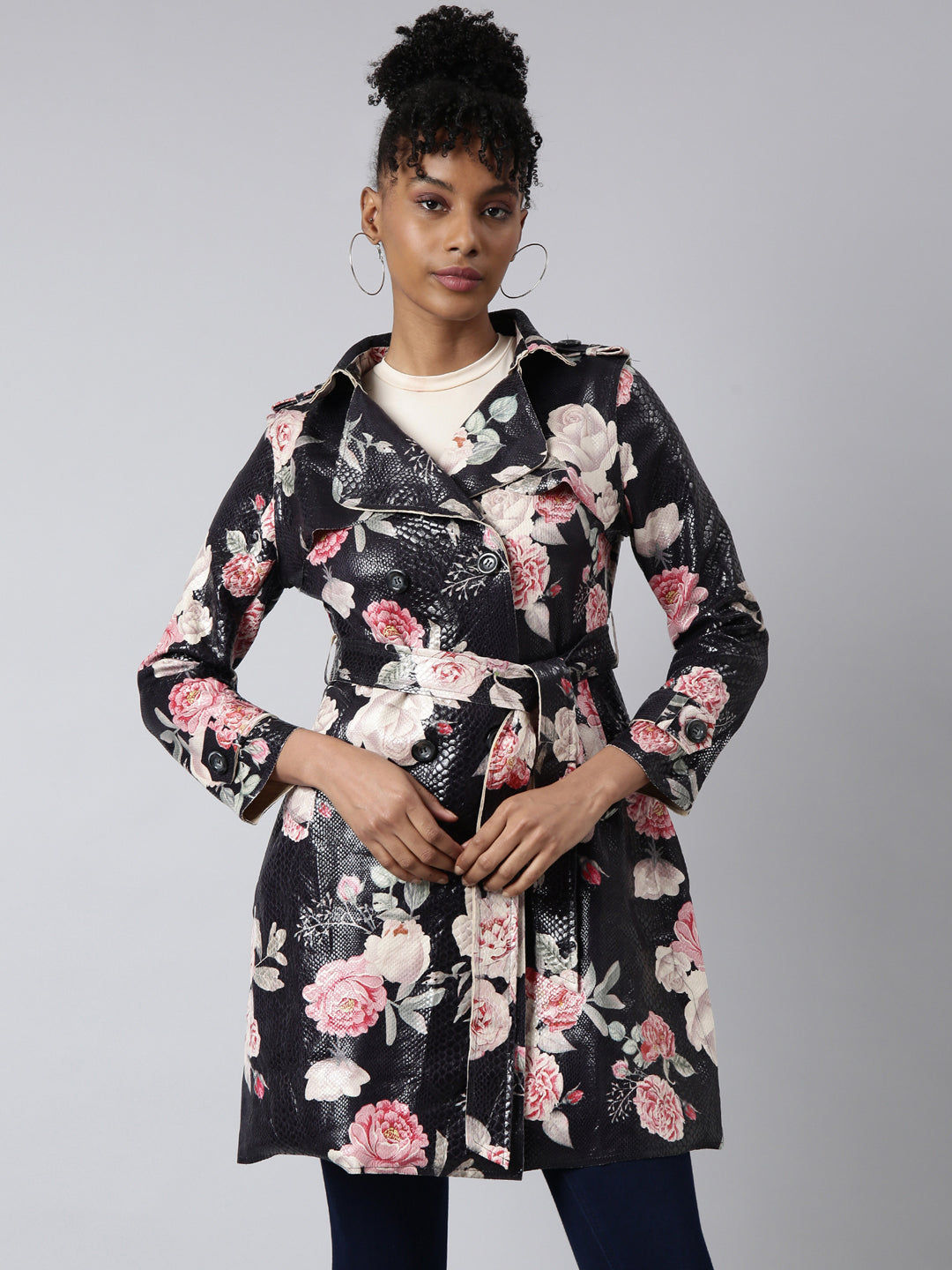 Women Floral Longline Black Trench Coat